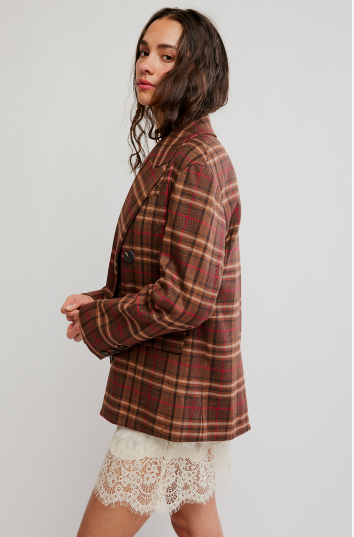 DEAN DOUBLE BREASTED BLAZ / OLIVER PLAID- BROWN