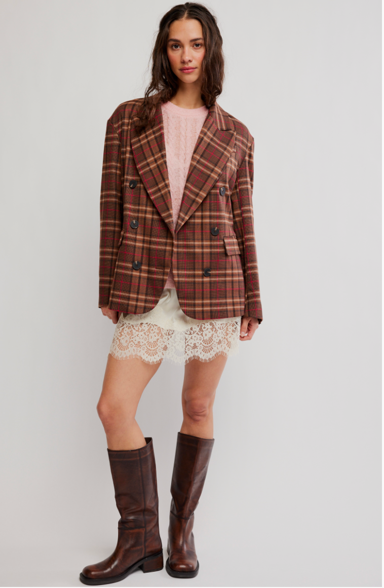 DEAN DOUBLE BREASTED BLAZ / OLIVER PLAID- BROWN