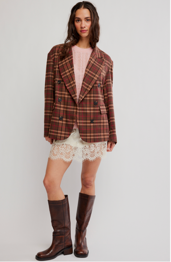 DEAN DOUBLE BREASTED BLAZ / OLIVER PLAID- BROWN