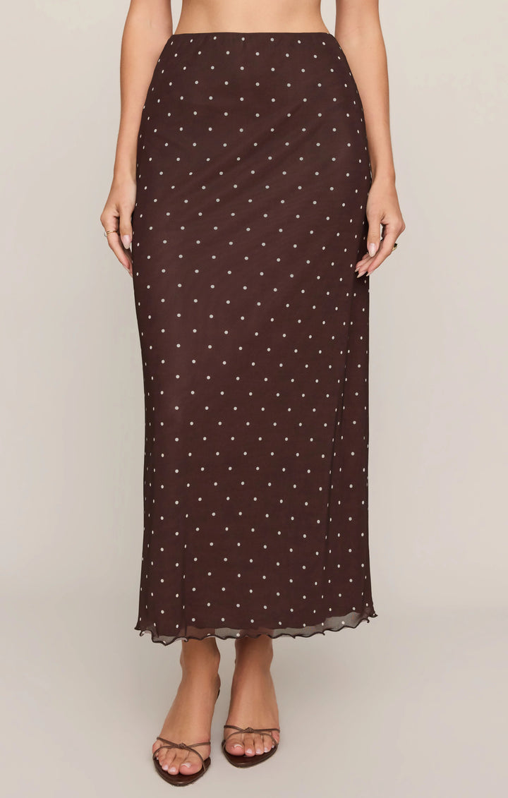 Eda Polka Dot Mesh Midi Skirt-Dark Chocolate