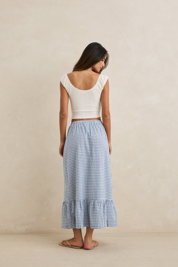 lola check tiered maxi skirt-blue
