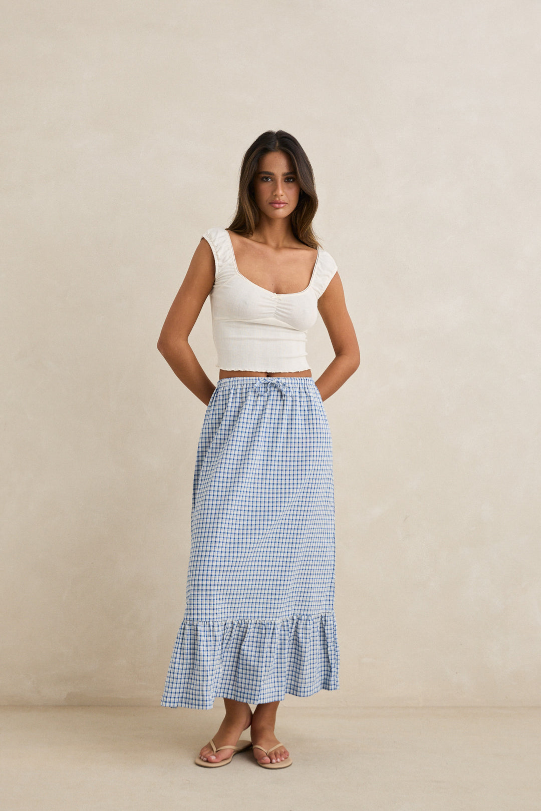 lola check tiered maxi skirt-blue