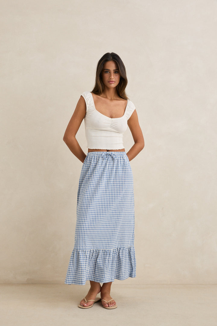 lola check tiered maxi skirt-blue