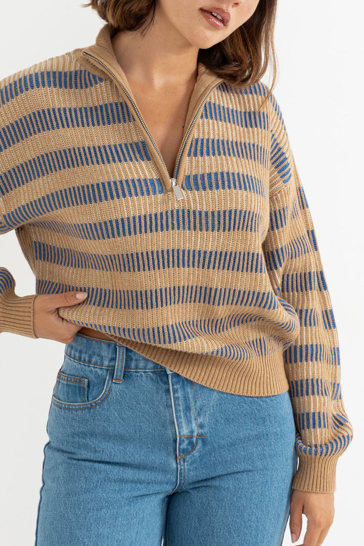 estelle quarter zip striped knit-cobalt