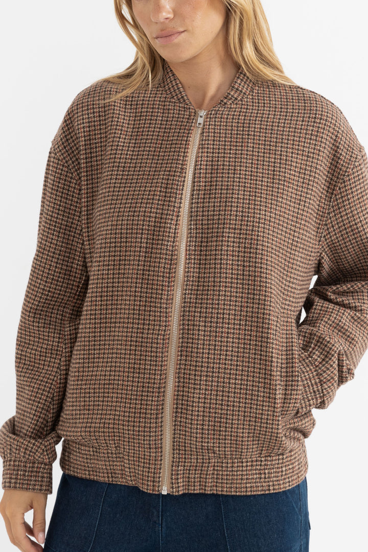 check oversized bomber jacket-brown