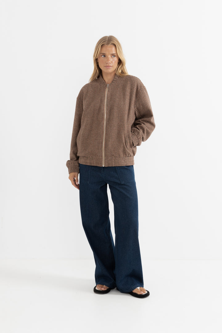 check oversized bomber jacket-brown