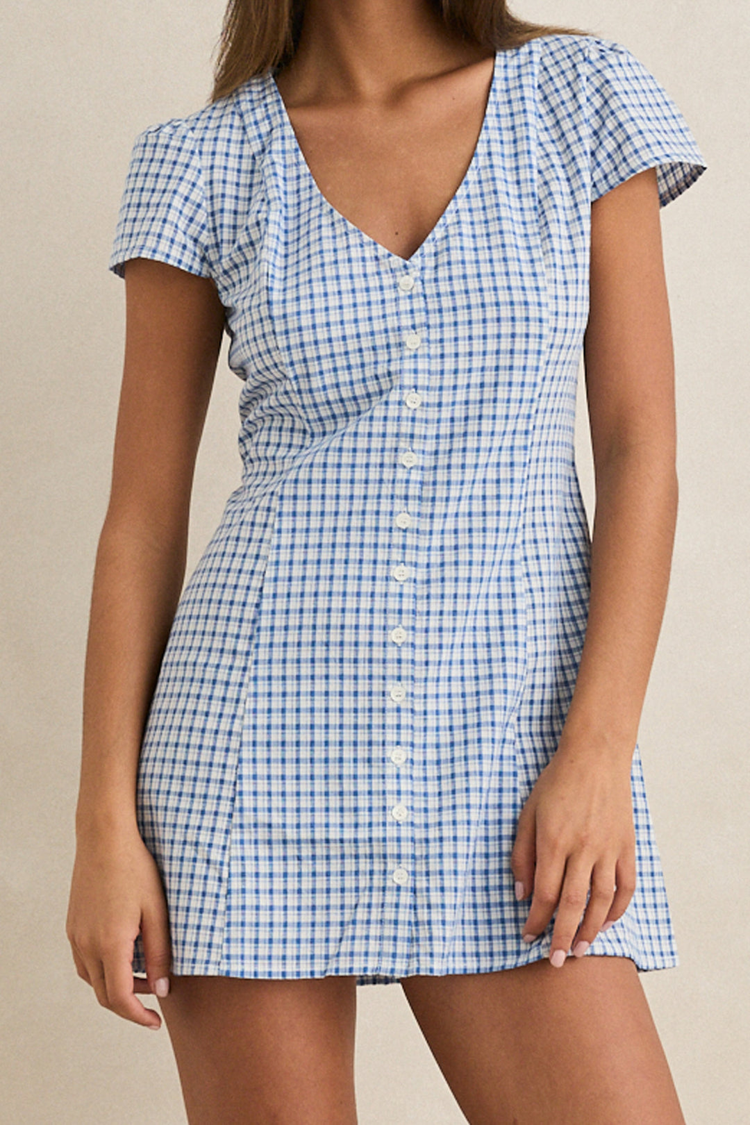lola check cap sleeve mini dress-blue