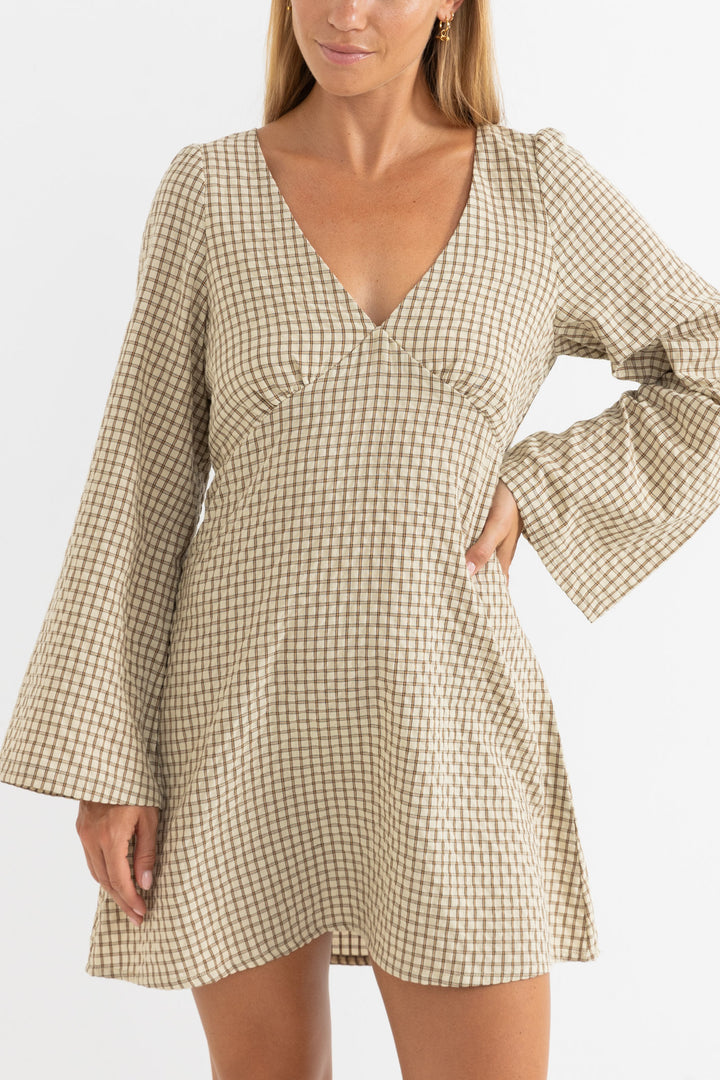 luca long sleeve check mini dress-natural