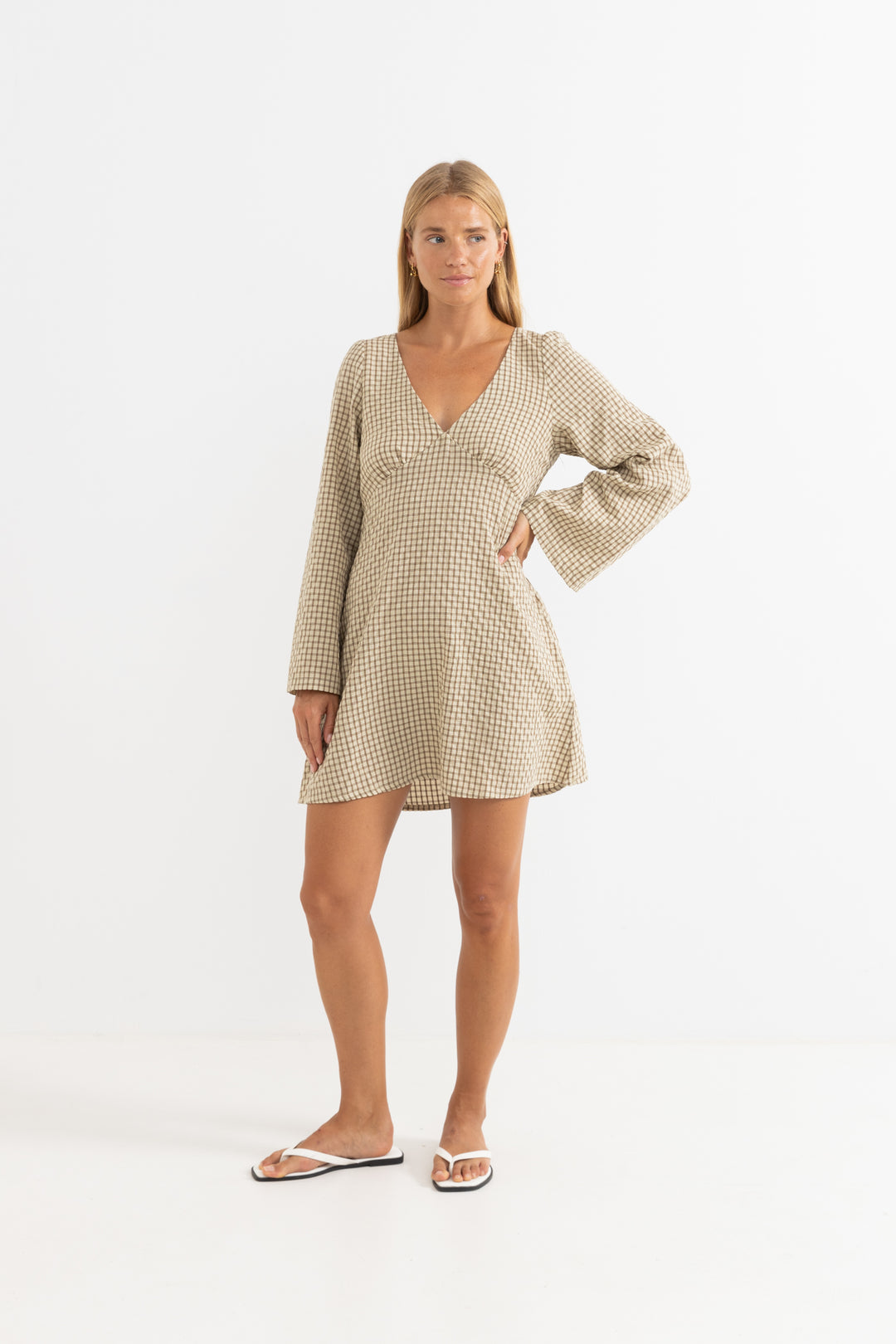 luca long sleeve check mini dress-natural