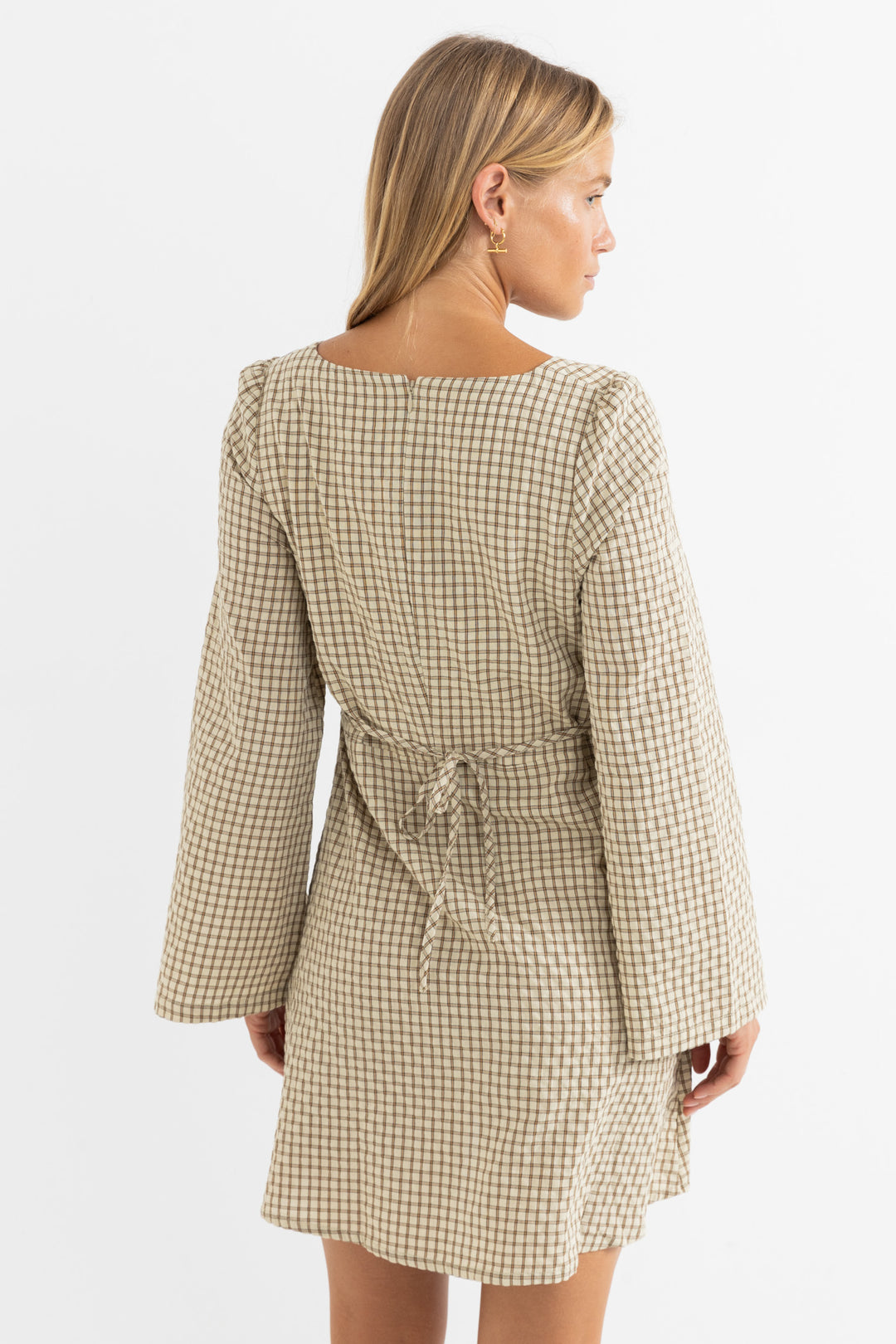 luca long sleeve check mini dress-natural