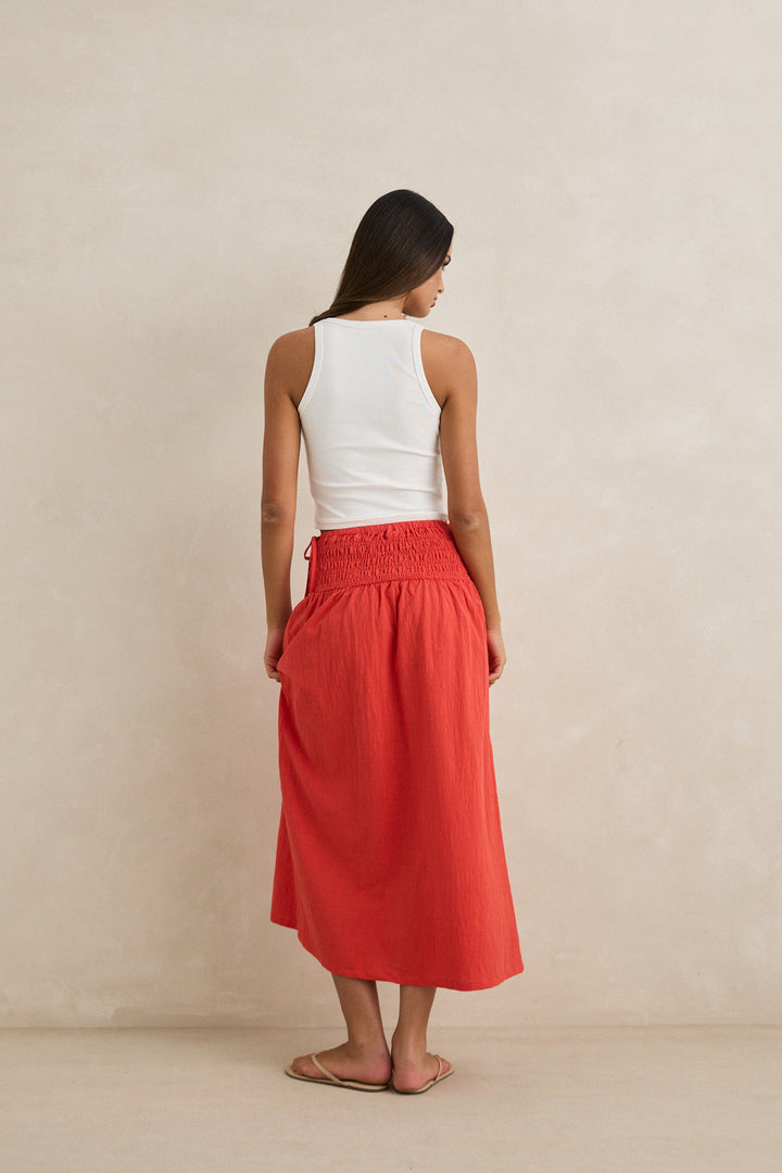 alana tie side maxi skirt-red
