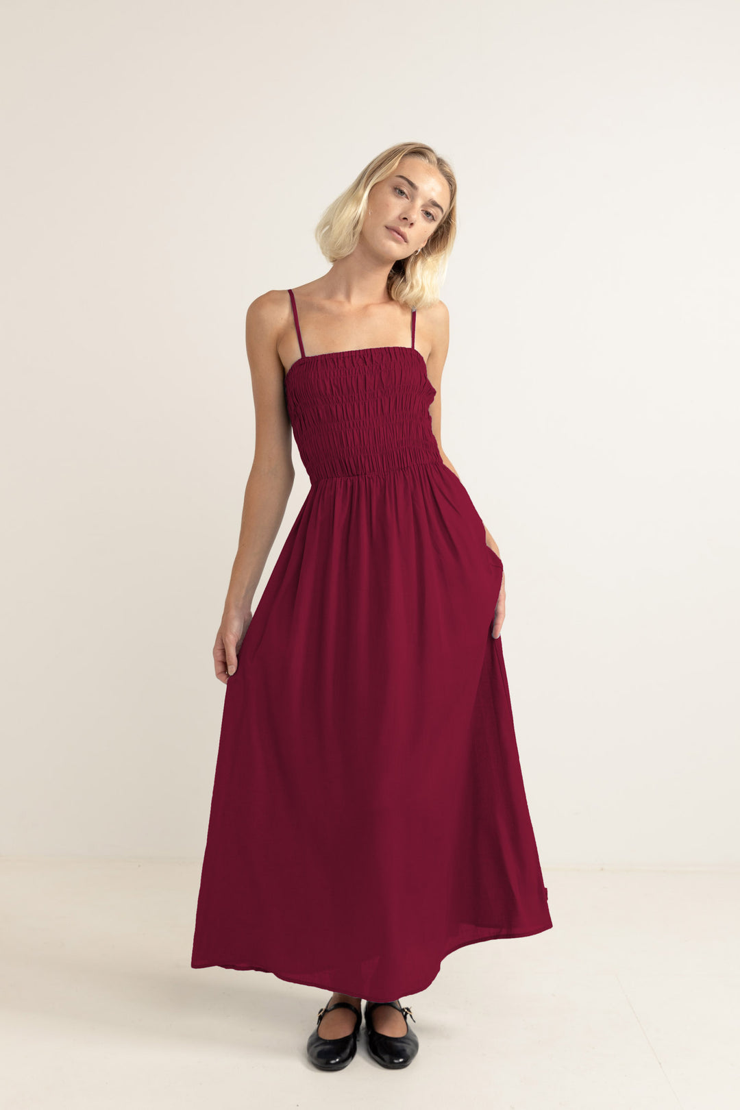 classic shirred midi dress-sangria – Mountain Tide Provision Co