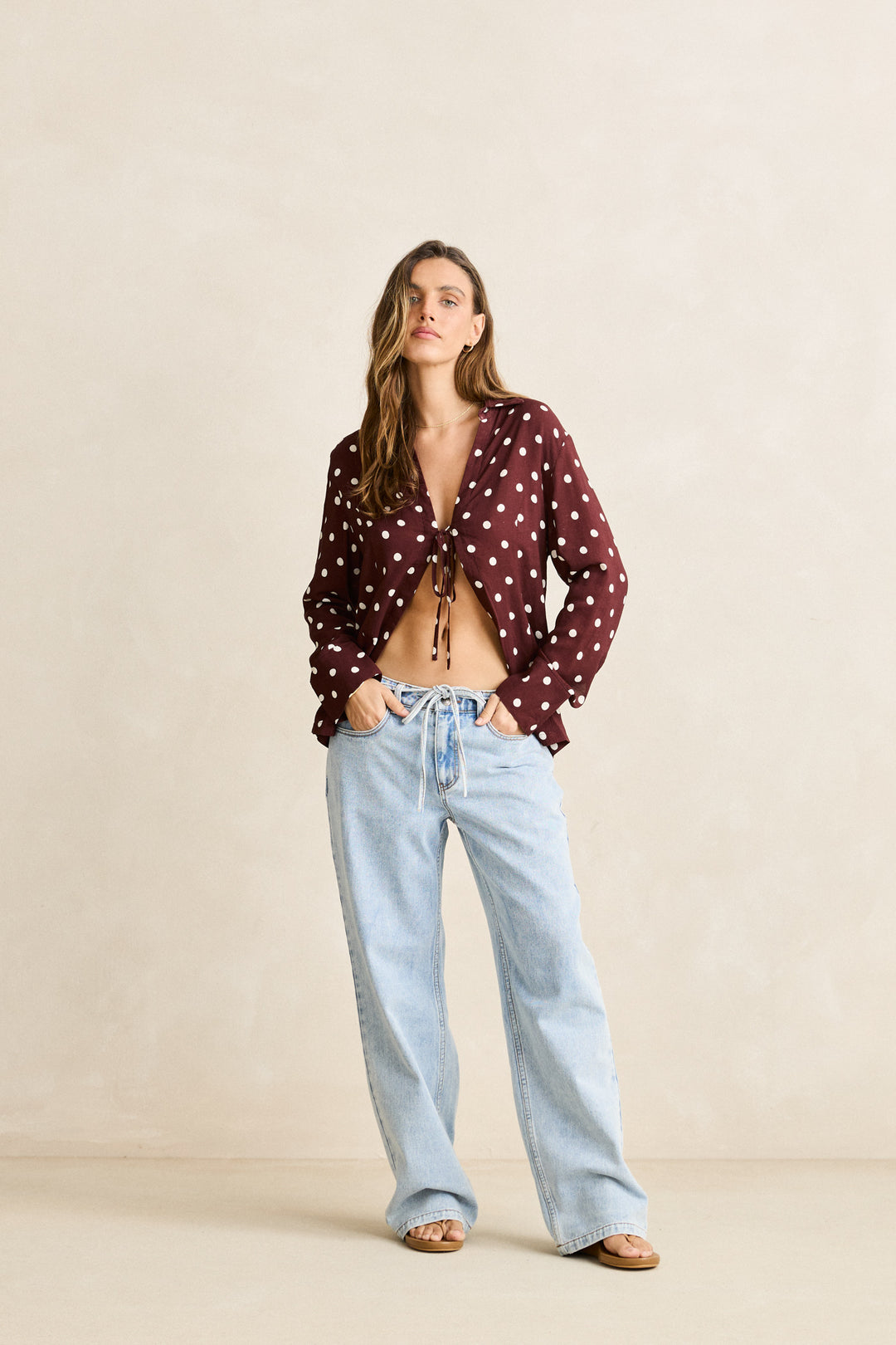 polka dot tie front shirt-cafe