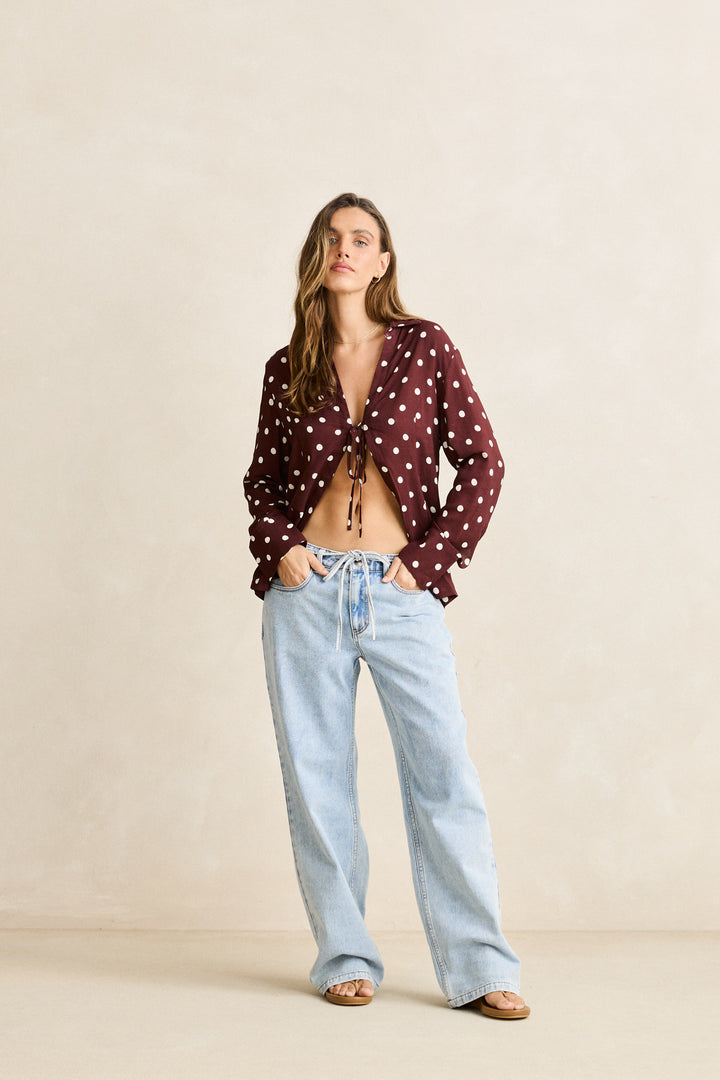 polka dot tie front shirt-cafe