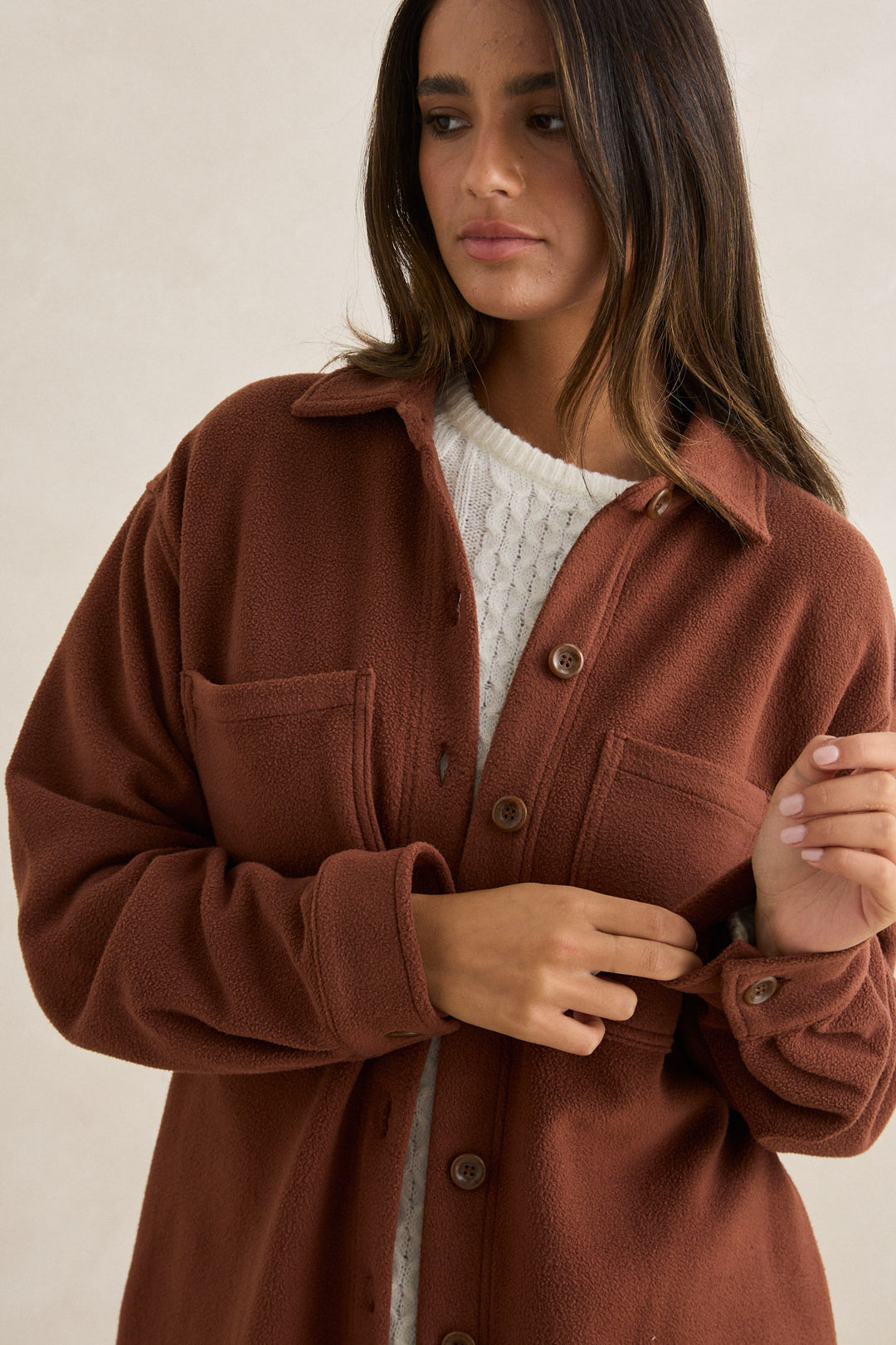 reverse fleece shacket-chocolate