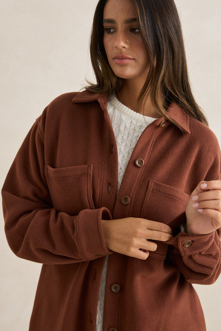 reverse fleece shacket-chocolate