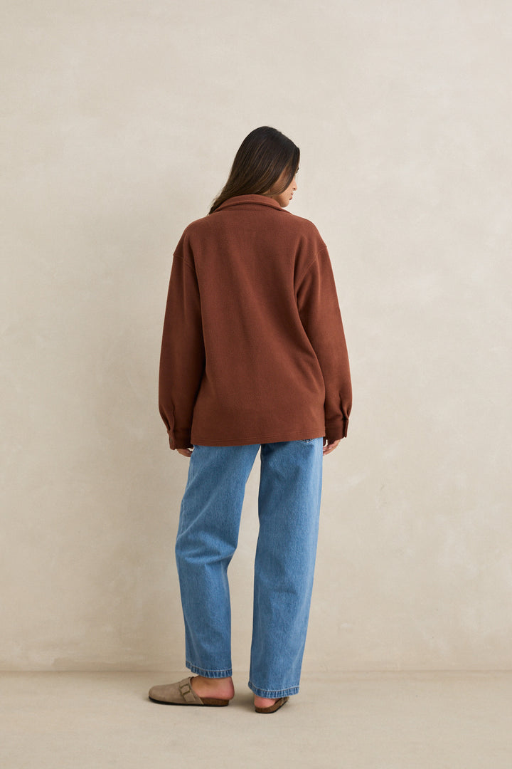 reverse fleece shacket-chocolate