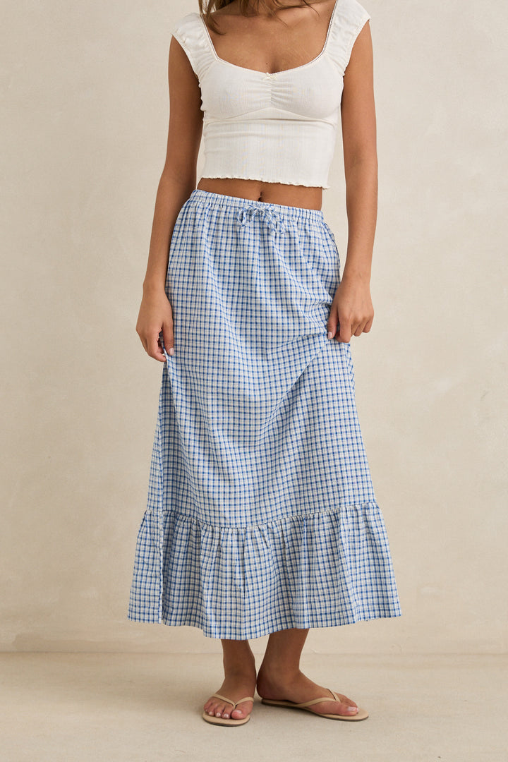 lola check tiered maxi skirt-blue
