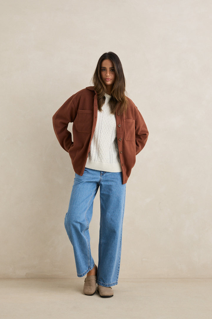 reverse fleece shacket-chocolate