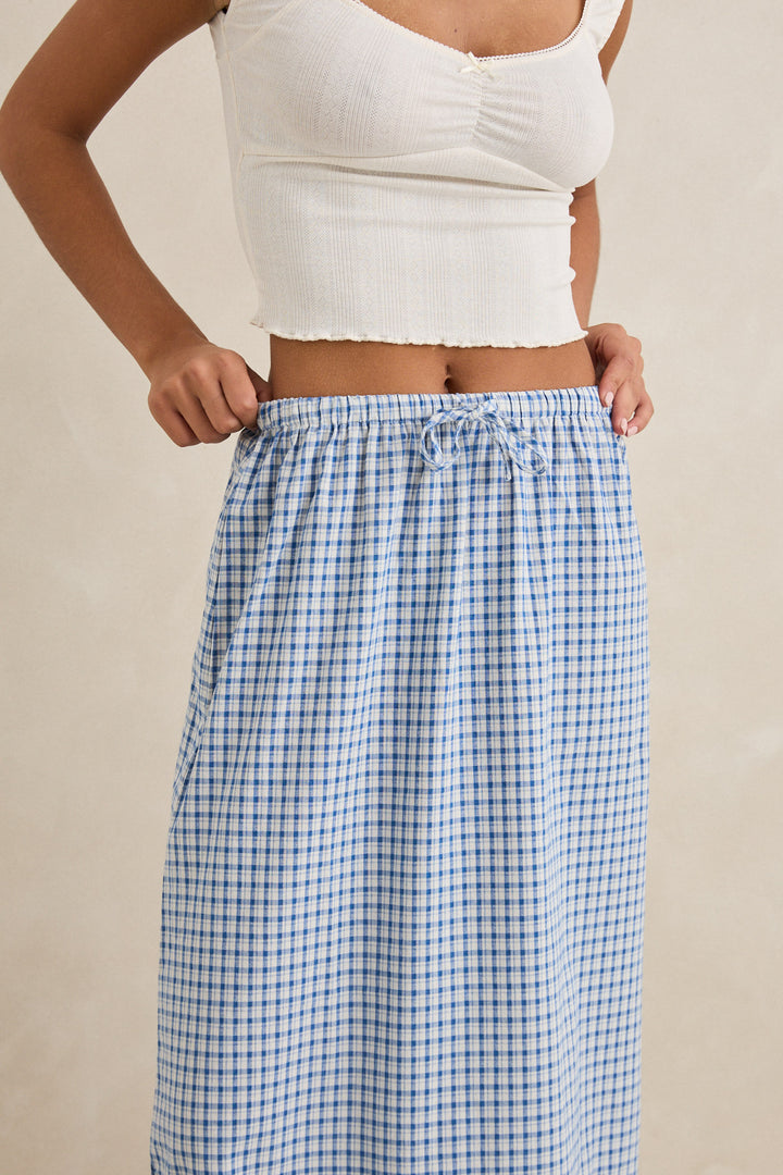 lola check tiered maxi skirt-blue