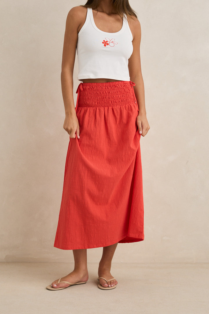 alana tie side maxi skirt-red
